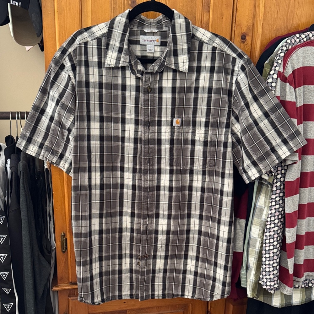 Carhartt Men's Gray and Black Plaid Button Down Shirt